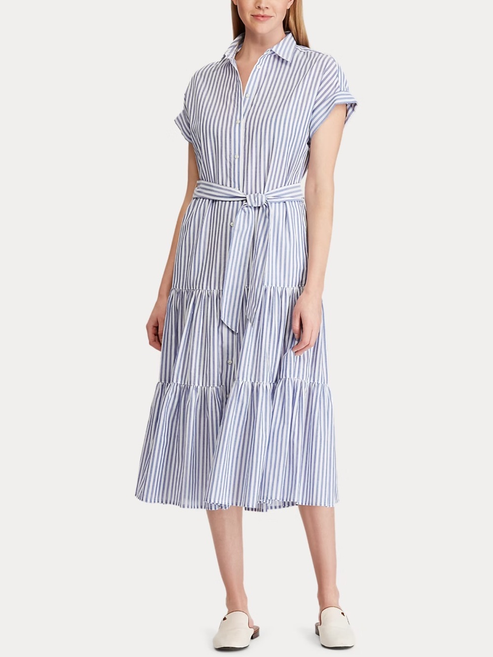 Lauren Ralph Lauren Light Blue and White Striped Tiered Shirt Midi Dress Size 8